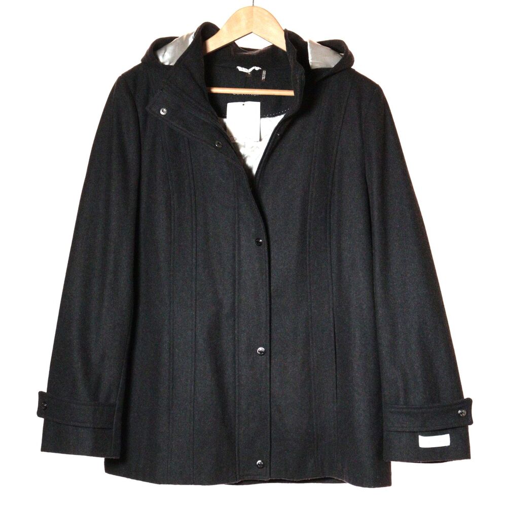 CALVIN KLEIN Womens Wool Blend Coat Hooded Parka Black Silver Lining Size 16